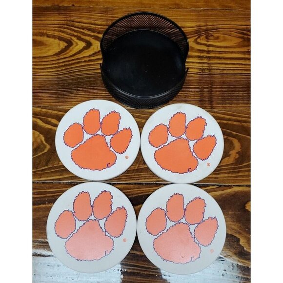 Clemson Coasters Set of 4  Orange Paws Print  and Holder - Picture 1 of 11